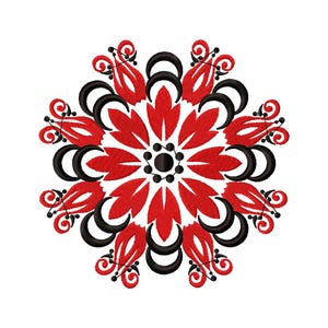 May include: A symmetrical floral design in red, black, and white. The design features red petal-like shapes, black crescent shapes, and small black decorative elements, all arranged around a central black circle.