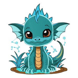 Puede incluir: Un dragón de dibujos animados turquesa con grandes ojos marrones, sentado sobre una base marrón y azul. El dragón tiene una cabeza puntiaguda, alas y una larga cola. Formas azules en forma de constelación en el fondo.