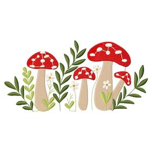 Daisy Flowers with Mushrooms Embroidery Design – Cute Nature Machine Embroidery Pattern – Floral & Mushroom Digital File – Instant Download