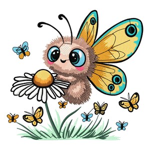May include: A whimsical illustration of a cartoon butterfly with large blue eyes, holding a daisy. The butterfly has yellow and blue wings and is surrounded by other butterflies. The image is on a white background.