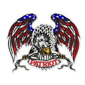 May include: Embroidered patch featuring a bald eagle with outstretched wings. The wings display red and white stripes with blue star-studded tips. The eagle holds a banner with the word "PATRIOT" in red letters.