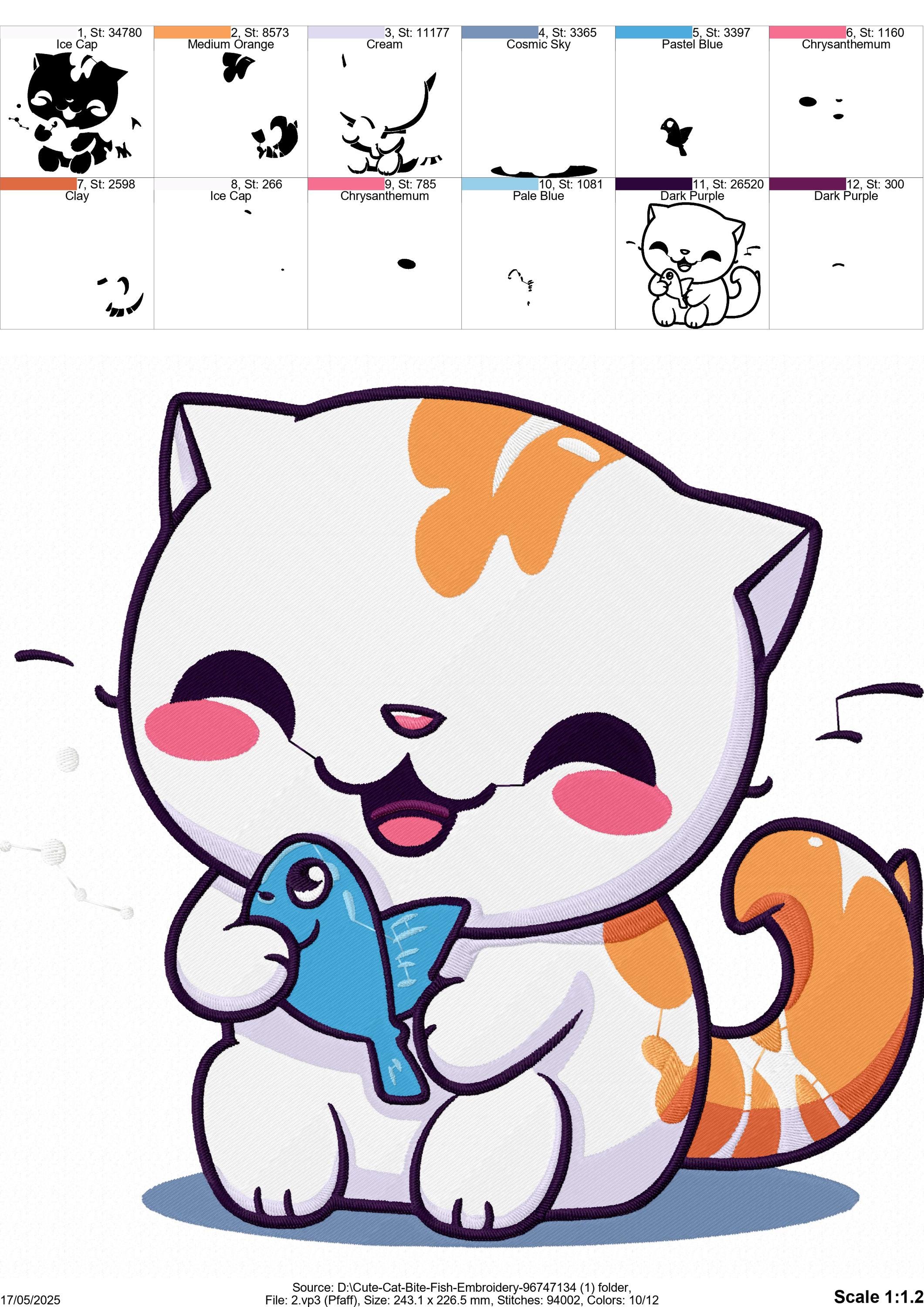 Kawaii Kitten Embroidery Design – Cat With Fish (digital Download - Etsy