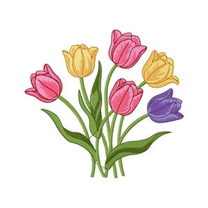 May include: Embroidered bouquet of tulips in shades of pink, yellow, and purple, with green stems and leaves. The floral design is set against a white background, showcasing the vibrant colors and detailed stitching.