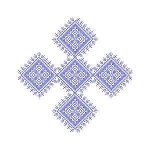Peut inclure: Un motif géométrique bleu et blanc en forme de croix. Le motif est composé de carrés et de losanges répétés.