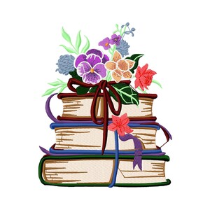 May include: An embroidered design featuring a stack of books adorned with a bouquet of colorful flowers and ribbons. The books have brown covers and pages, with blue, green, and brown accents. The flowers include purple pansies, orange blooms, and red roses.