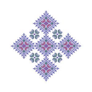 May include: A symmetrical design featuring a blue, green and pink colour scheme. The design incorporates a series of interlocking diamond shapes with floral motifs.