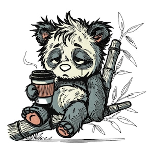 Diseño de bordado de panda cansado – Oso de café soñoliento – Lindo archivo digital para máquina – Arte animal bohemio divertido