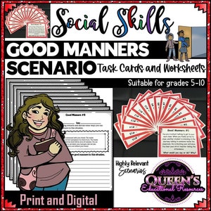 Good Manners Scenarios, Good Manners Task Cards, Mannerisms Worksheets, Social Skills, Social Awareness, Scenarios, Social Skills Scenarios