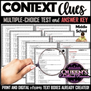 Peut inclure: Un ensemble de feuilles de travail imprimables pour les élèves du collège afin de s'entraîner à la compréhension de la lecture. Les feuilles de travail présentent des questions à choix multiples sur les indices de contexte dans les passages de lecture. Les feuilles de travail sont intitulées "CONTEXT Clues" et comprennent une clé de correction.