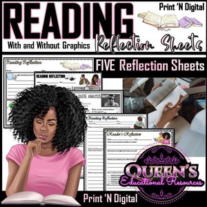 May include: Five printable reading reflection sheets with a black and white design. The sheets include prompts for students to reflect on their reading experience. The title of the resource is "Reading Reflection Sheets".