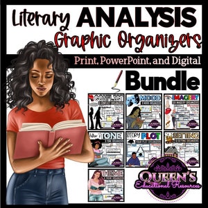 Puede incluir: Un paquete de productos digitales para el análisis literario, que incluye organizadores gráficos para el conflicto, el estado de ánimo, la imaginería, el tono, la trama, el escenario y el tema. El paquete incluye versiones imprimibles, de PowerPoint y digitales. La imagen muestra a una mujer leyendo un libro, con los organizadores gráficos mostrados en el fondo.