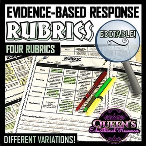 Puede incluir: Una rúbrica imprimible para evaluar respuestas basadas en evidencia. La rúbrica se divide en cuatro categorías: Afirmación, Evidencia, Razonamiento y Mecánica. Cada categoría tiene cuatro niveles de rendimiento, con descripciones para cada nivel. La rúbrica es editable e incluye una sección para comentarios y retroalimentación. El texto "QUEEN'S Educational Resources" es visible en la esquina inferior derecha de la imagen.