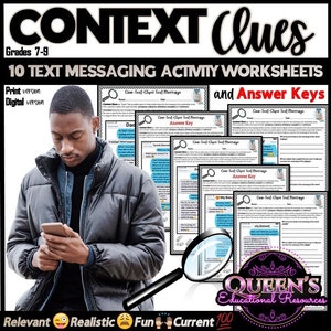 May include: A set of 10 printable worksheets for grades 7-9, featuring text messaging activities to help students understand context clues. The worksheets include answer keys. The image shows a young person looking at a smartphone.