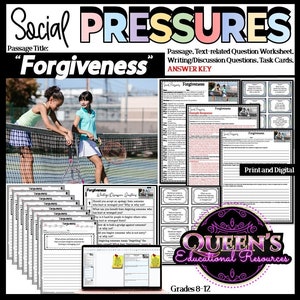 Positive Peer Pressure Reading Passage | Forgiveness Task Cards | Perspective-taking | Social Pressure | Forgiving Worksheet | Forgiveness