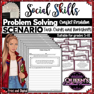 Op de afbeelding: Een set printbare taakkaartjes en werkbladen voor het onderwijzen van sociale vaardigheden aan leerlingen in de groepen 5-10. De kaartjes bevatten scenario's met conflictresolutie en probleemoplossing. De afbeelding bevat een cartoonillustratie van een meisje met een boek.