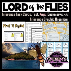 May include: A digital download for Lord of the Flies, featuring printable and digital inference task cards, a test, answer keys, bookmarks, and a graphic organizer. The image includes a laptop, task cards, bookmarks, and a graphic organizer with a bee illustration.