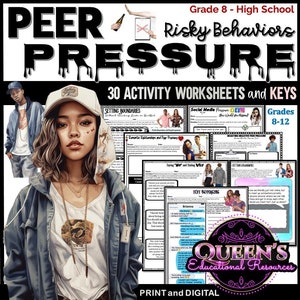 May include: Educational resource for grades 8-12 on peer pressure and risky behaviours. The image features a young person, worksheets, and the text "PEER PRESSURE" with dripping font. Includes 30 activity worksheets and keys.