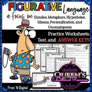 Figurative Language Practice Worksheets | Figurative Language Activities | Metaphor | Similes | Personification | Onomatopoeia | Hyperbole