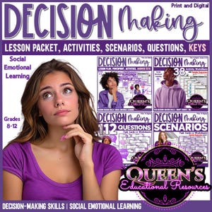 Könnte beinhalten: Bildungsressource "Decision Making" in Lila und Weiß, einschließlich Lektionen und Szenarien. Das Bild zeigt eine junge Frau in einem lila Oberteil und mehrere kleinere Bilder mit dem gleichen Thema.