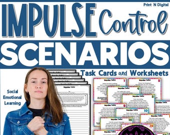 May include: A set of black and white task cards and worksheets for teaching impulse control. The cards feature scenarios with numbers 1, 5, 8, 9, 10, 16, and 19. The worksheets have lines for writing. The title of the resource is "Impulse Control Scenarios".