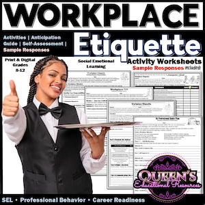 Peut inclure: Une personne souriante en gilet noir et nœud papillon tient un plateau avec des feuilles de travail éducatives intitulées "Workplace Etiquette". Les feuilles de travail couvrent des sujets tels que le comportement professionnel et la préparation à la carrière.