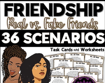 May include: A colorful printable resource for teaching kids about real vs. fake friends. The resource includes 36 task cards and worksheets with scenarios to help children identify the difference between true and false friendships. The image features two cartoon illustrations of girls with different expressions.