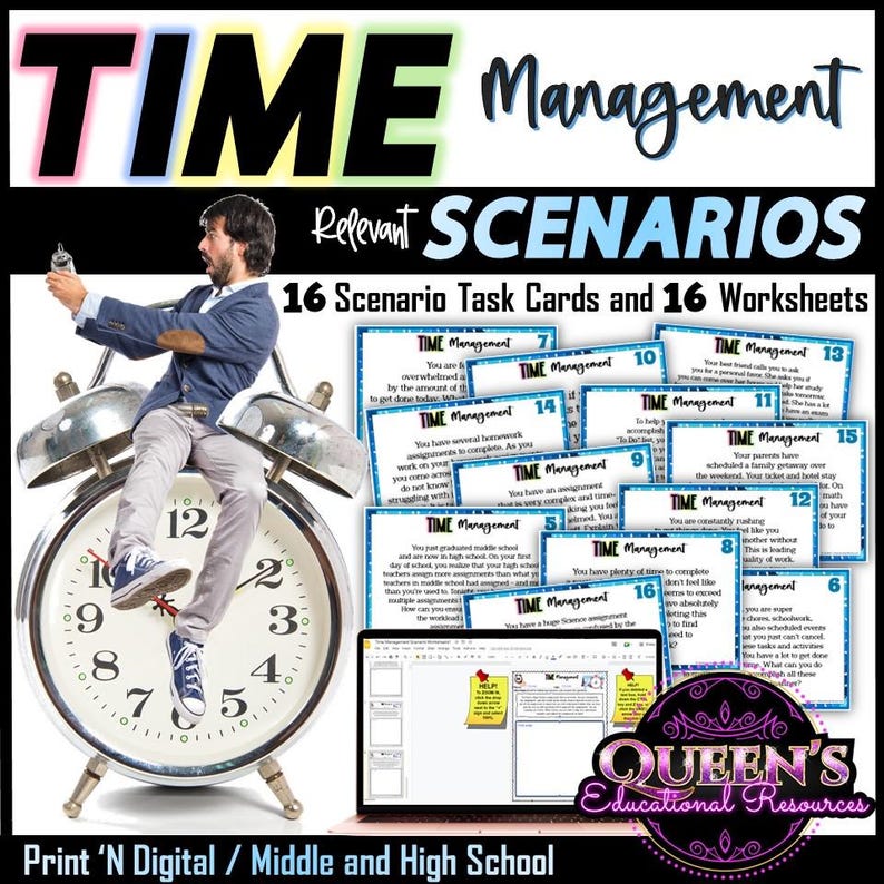 K&ouml;nnte beinhalten: Eine bunte Grafik mit dem Text "TIME Management Relevant SCENARIOS" und "16 Scenario Task Cards and 16 Worksheets". Die Grafik zeigt einen gro&szlig;en Wecker, auf dem ein Mann sitzt. Es gibt 16 kleinere Karten mit dem Text "TIME Management" und verschiedenen Szenarien, die darauf geschrieben sind.