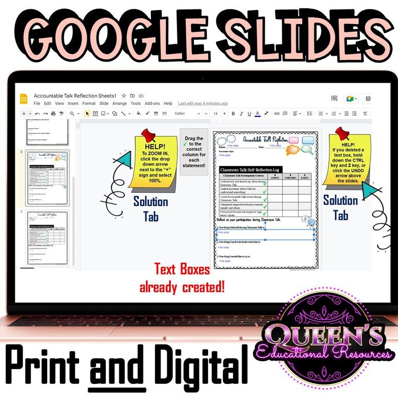 May include: A Google Slides presentation with a title "Google Slides" in pink and black text. The presentation is about "Accountable Talk Reflection Sheets" and includes a "Solution Tab" with text boxes already created. The presentation is designed for print and digital use.