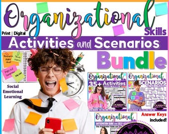 Może przedstawiać: Kolorowa grafika z tekstem "Organizational Skills Activities and Scenarios Bundle". Grafika przedstawia osobę z karteczkami samoprzylepnymi na głowie i zegarem. Są trzy mniejsze grafiki pokazujące działania i scenariusze do nauczania umiejętności organizacyjnych.