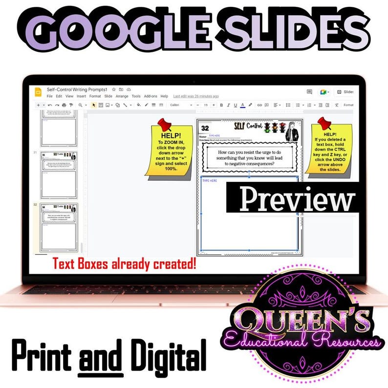 K&ouml;nnte beinhalten: Ein Laptop-Bildschirm zeigt eine Google Slides-Pr&auml;sentation mit dem Titel "Self-Control Writing Prompts". Die Pr&auml;sentation enth&auml;lt eine Folie mit dem Text "Wie kannst du der Versuchung widerstehen, etwas zu tun, von dem du wei&szlig;t, dass es zu negativen Konsequenzen f&uuml;hrt?" und eine weitere Folie mit dem Text "HILFE! Wenn du ein Textfeld gel&ouml;scht hast, halte die STRG-Taste und die Z-Taste gedr&uuml;ckt oder klicke auf den R&uuml;ckg&auml;ngig-Pfeil &uuml;ber den Folien."