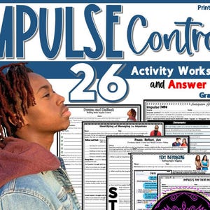 Puede incluir: Un cuaderno de trabajo titulado "IMPULSE Control" con el texto "26 Activity Worksheets and Answer Keys Grades 8-12". La imagen incluye a una persona con una chaqueta vaquera y una sudadera con capucha granate. Las hojas de trabajo cubren temas de control de impulsos.