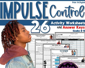 Peut inclure: Un cahier d'exercices intitulé "IMPULSE Control" avec le texte "26 Fiches d'activités et clés de réponses Grades 8-12". L'image comprend une personne en veste en jean et un sweat à capuche bordeaux. Les fiches traitent du contrôle des impulsions.