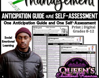 May include: A digital and print educational resource titled "Self Management" with an anticipation guide and self-assessment. The image includes a person and the text "Social Emotional Learning," "Emotional Regulation," and "Positive Behavior."