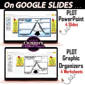 K&ouml;nnte beinhalten: Zwei Screenshots von Google Slides-Pr&auml;sentationen, die Story-Plot-Grafikorganisatoren zeigen. Die erste Folie ist eine PowerPoint-Pr&auml;sentation mit vier Folien. Die zweite Folie ist ein Grafikorganisator-Arbeitsblatt mit vier Arbeitsbl&auml;ttern. Beide Folien zeigen eine bergf&ouml;rmige Grafik mit Beschriftungen f&uuml;r Exposition, steigende Handlung, H&ouml;hepunkt, fallende Handlung und Aufl&ouml;sung.
