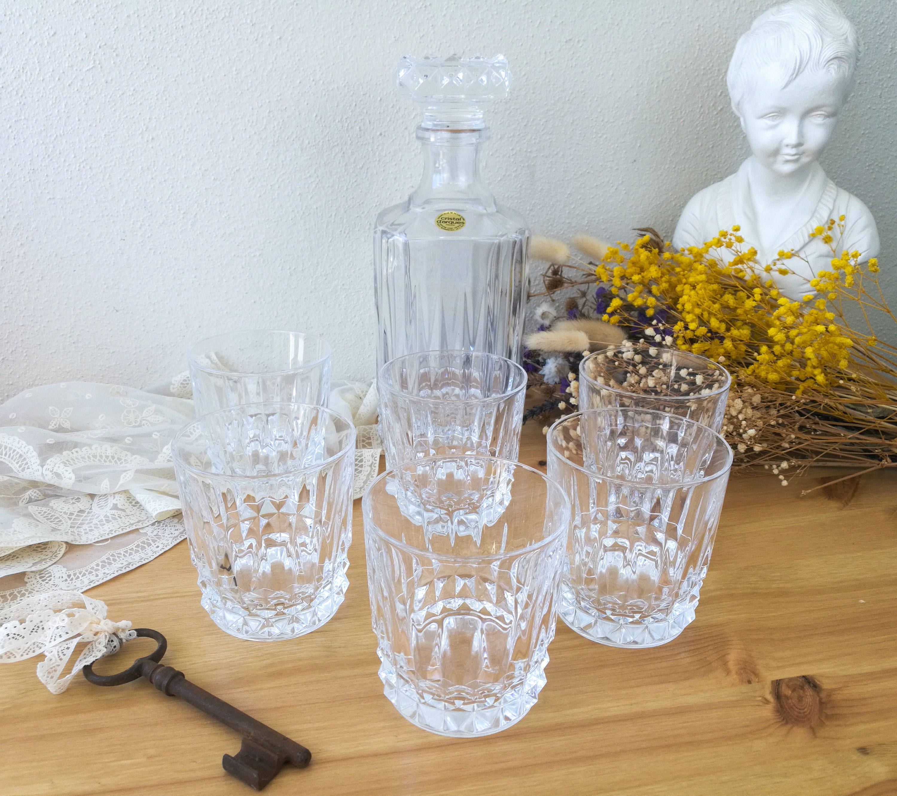 Cristal D'arques Whiskey Service French Manufacture Decanter and  Diamond-tipped Glasses 