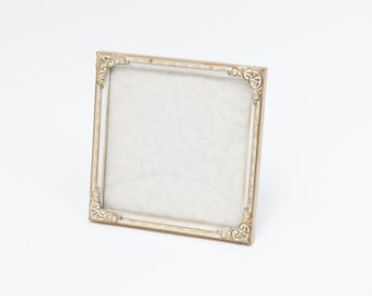 Elegant Baroque-style frame, enameled bronze, domed glass, 9x9 cm, beautiful scrollwork and floral ornaments, vintage gold frame (26-0039)