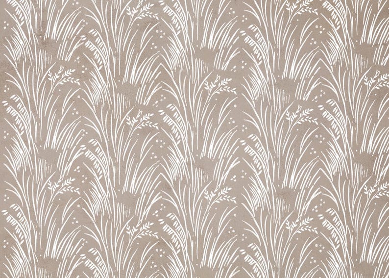 Peut inclure: Un motif sans couture de brins d'herbe stylis&eacute;s blancs sur un fond brun clair.