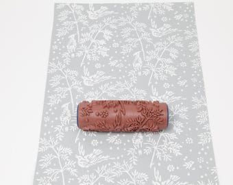 Pattern roller / texture roller / stamp / round stamp Birds Grasses Branches - 15cm / 6"