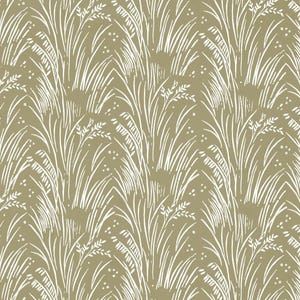 Peut inclure: Un motif sans couture repr&eacute;sentant des brins d'herbe stylis&eacute;s blancs sur un fond beige.