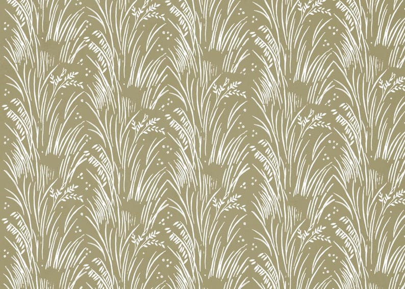 Peut inclure: Un motif sans couture repr&eacute;sentant des brins d'herbe stylis&eacute;s blancs sur un fond beige.
