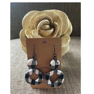 Gingham Earring Handmade from Polymer Clay with Hypoallergenic Black Plastic Fish Hooks. Gloss finish. Dangle length 2, 3.5, 5cm