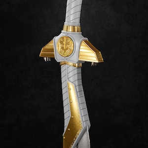 May include: White and gold plastic sword with a tiger head handle and red eyes. The blade has a silver finish and a decorative pattern.
