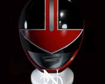 May include: A red and black Power Rangers helmet with a white stripe down the center. The helmet has a red visor and a black face mask.