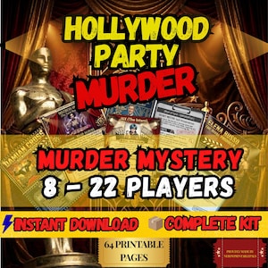 Jeu de société Hollywood Murder Mystery pour grand groupe Imprimable | Évènement de groupe au bureau à thème | Ensemble festif pour 8 à 22 joueurs | polar adulte