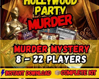 Juego imprimible para fiestas de grupos grandes de misterio de asesinato en Hollywood / Evento grupal temático de oficina / Kit de fiesta para 8 a 22 jugadores / Novela policíaca para adultos