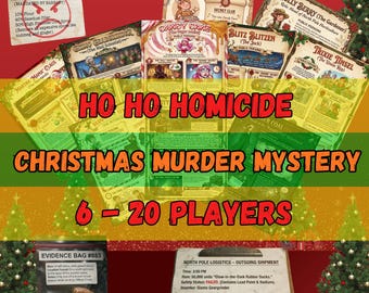 Puede incluir: Un juego de misterio de asesinato con temática navideña titulado "Ho Ho Homicide" con cartas que presentan varios personajes y pistas. El juego está diseñado para 6-20 jugadores. Incluye una bolsa de evidencia y un documento de envío.