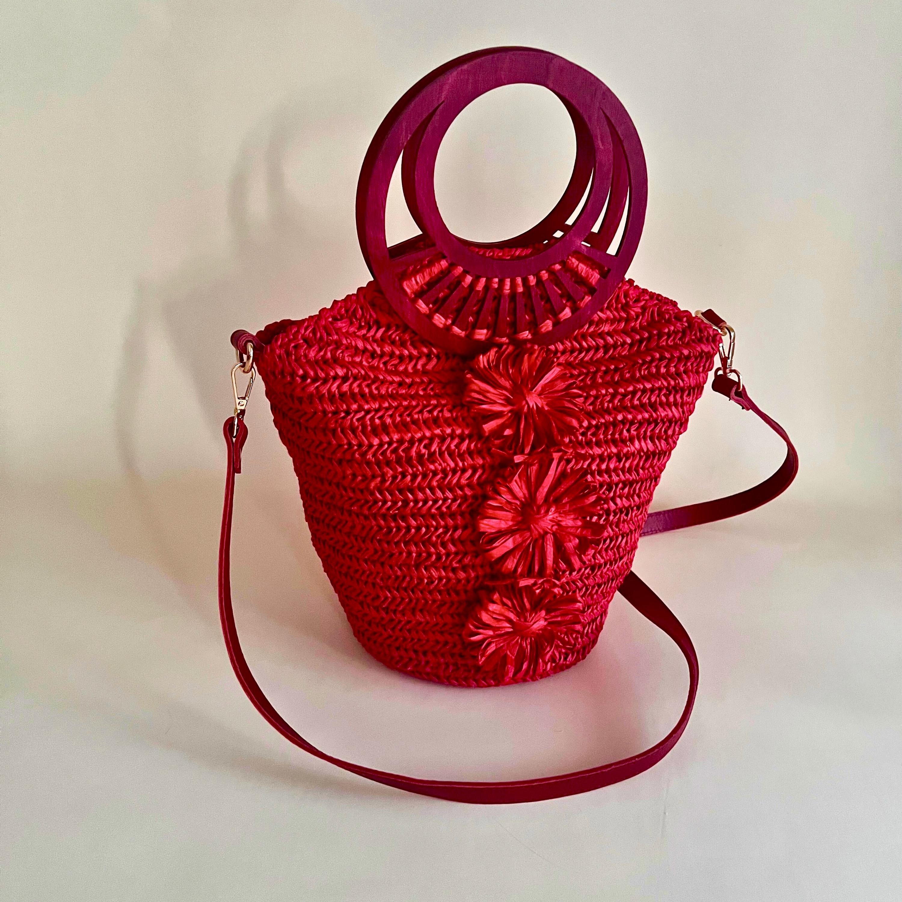 Handmade Red Raffia Bag, Crochet Basket Handbag, Boho Summer