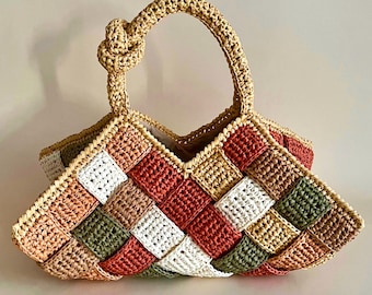 Multicolor Raffia Puzzle Bag, Handmade Crochet Designer Handbag, Geometric Statement Bag, Colorful Summer Tote, Gift for Her