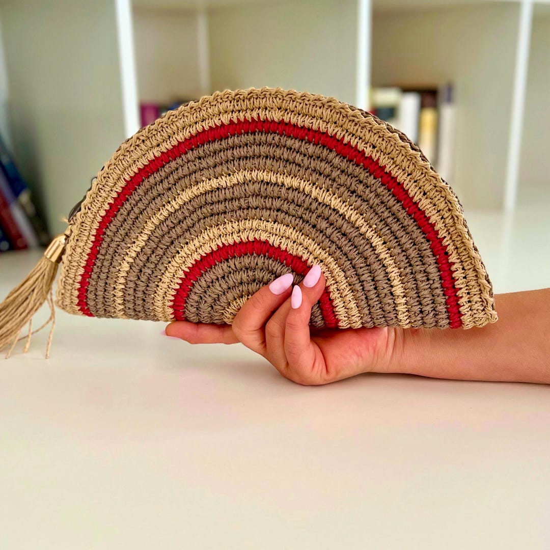 Handmade Raffia Clutch Bag, Large Boho Envelope Bag, Lined Zipper ...