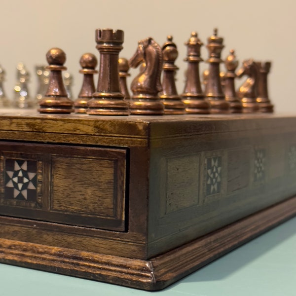 Unique Handmade Chess Set, Custom Wooden Design, Metal Theme Pieces, Wooden Mother of Pearl Board, Luxury Chess Sets